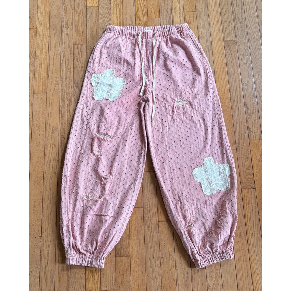 POL Jogger Pants Distressed Patch Baggy Floral Patch Large Pink Cottagecore Boho